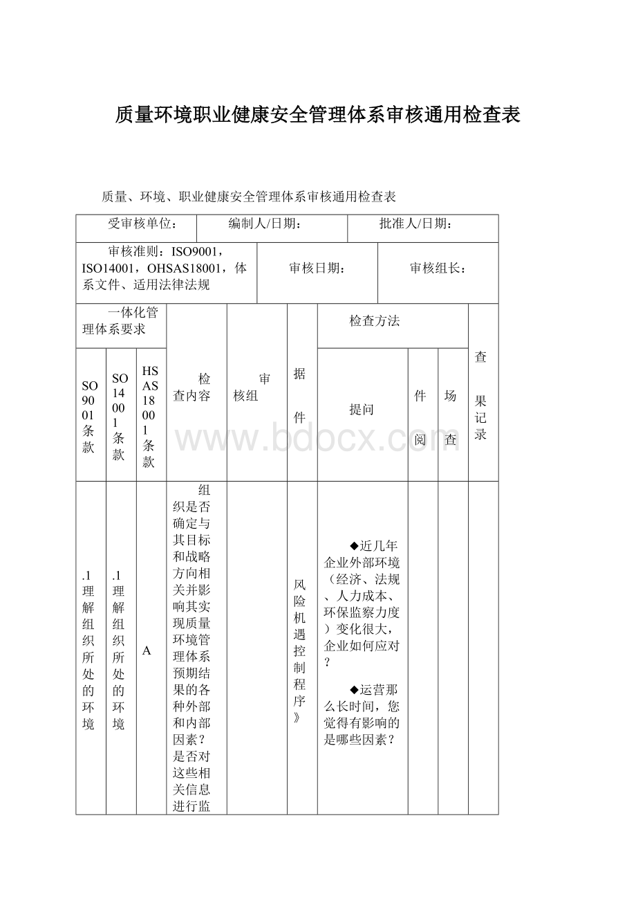 质量环境职业健康安全管理体系审核通用检查表.docx_第1页