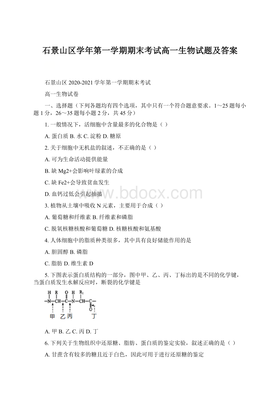 石景山区学年第一学期期末考试高一生物试题及答案.docx