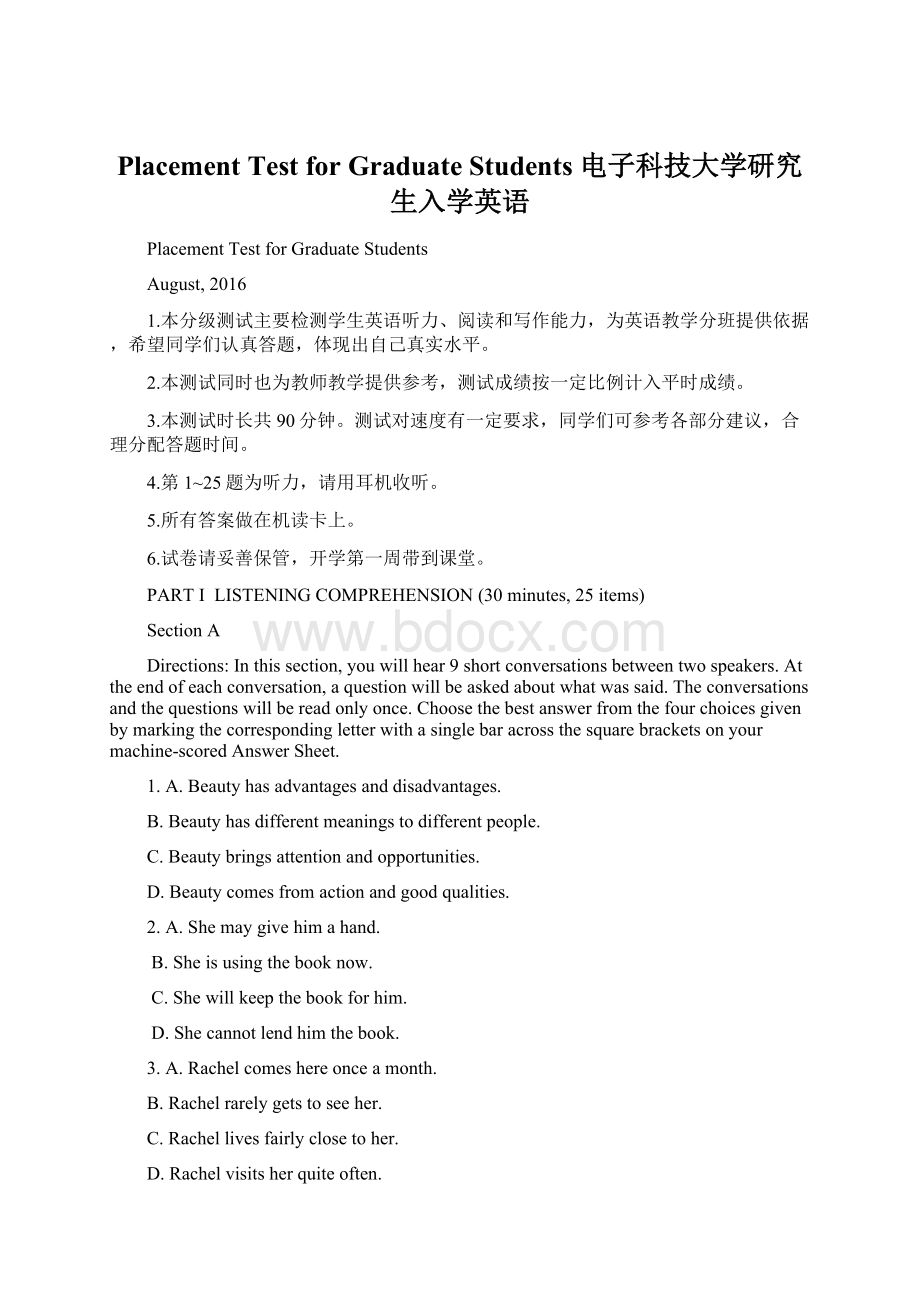 Placement Test for Graduate Students 电子科技大学研究生入学英语.docx_第1页