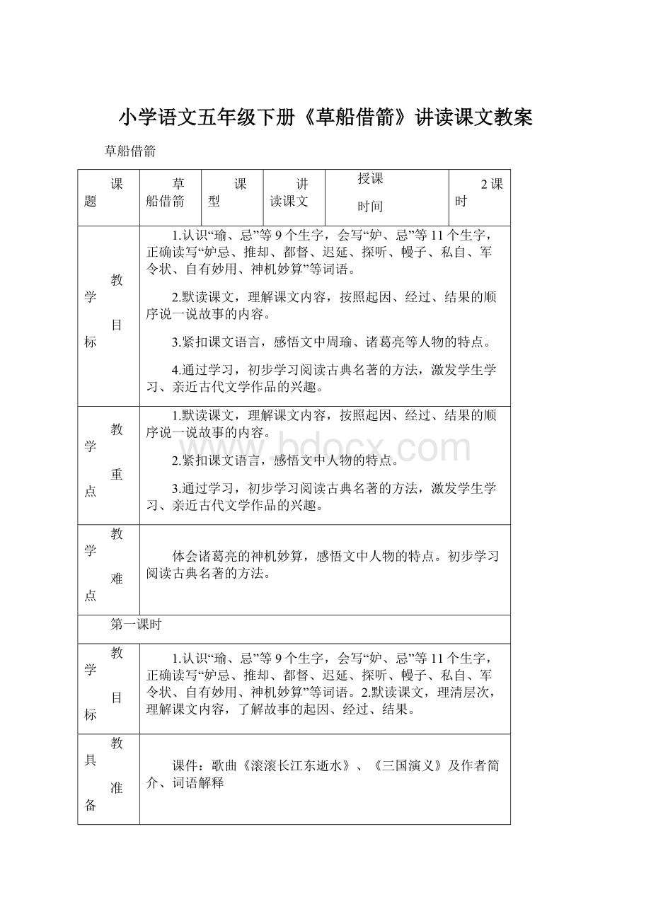 小学语文五年级下册《草船借箭》讲读课文教案Word格式.docx_第1页