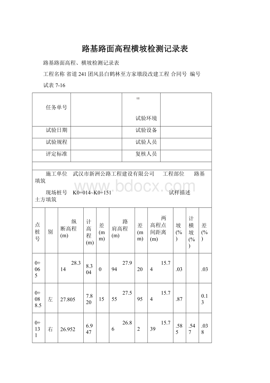 路基路面高程横坡检测记录表Word文档下载推荐.docx_第1页