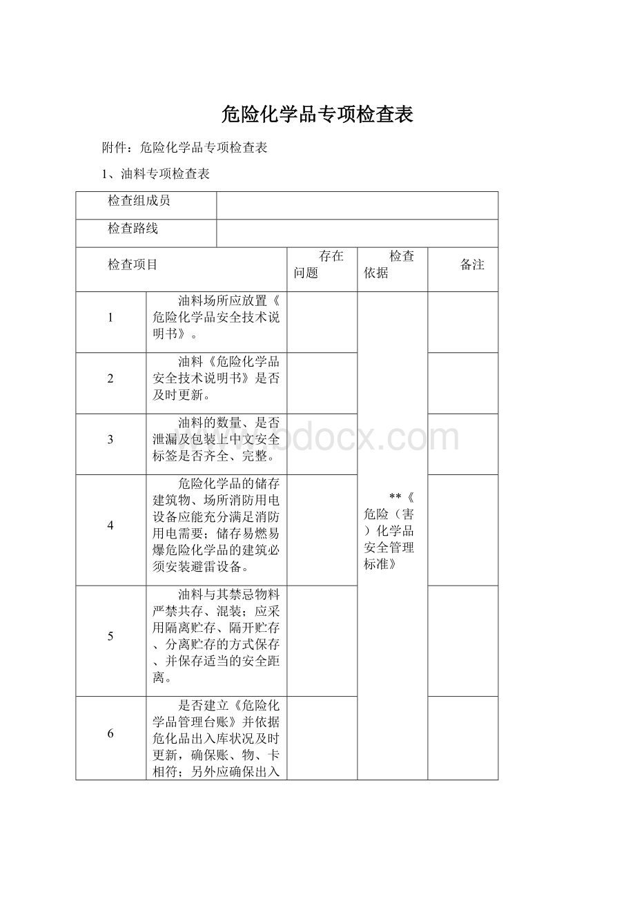 危险化学品专项检查表Word下载.docx