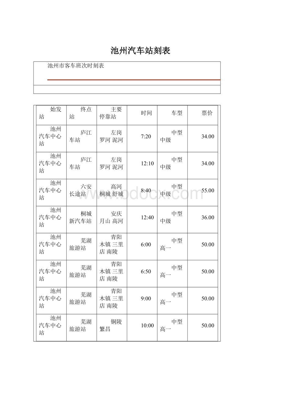 池州汽车站刻表Word下载.docx