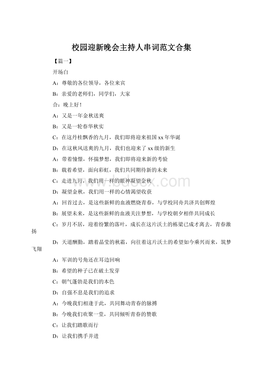 校园迎新晚会主持人串词范文合集Word文件下载.docx_第1页