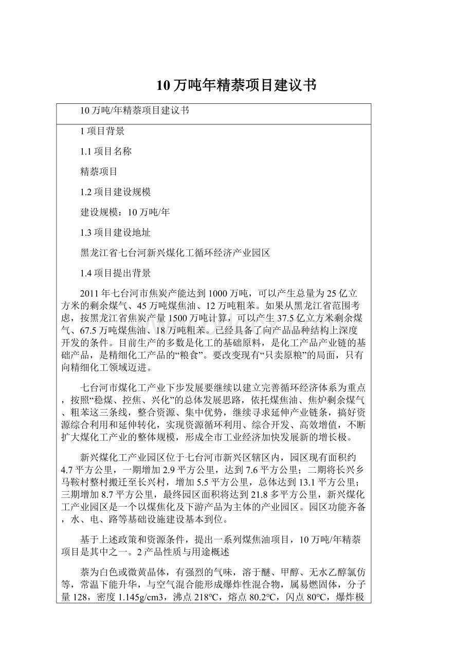 10万吨年精萘项目建议书.docx