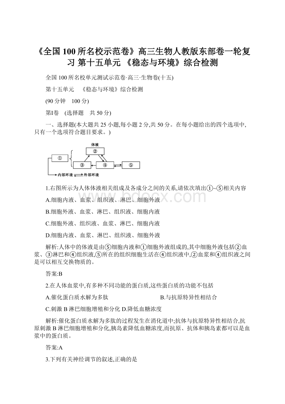 《全国100所名校示范卷》高三生物人教版东部卷一轮复习 第十五单元 《稳态与环境》综合检测.docx