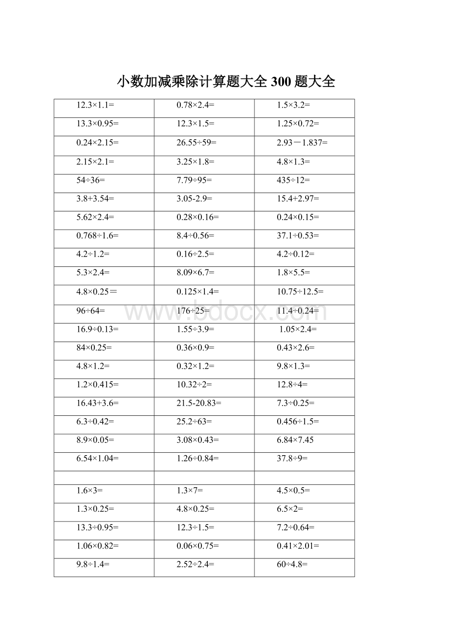 小数加减乘除计算题大全300题大全Word下载.docx_第1页