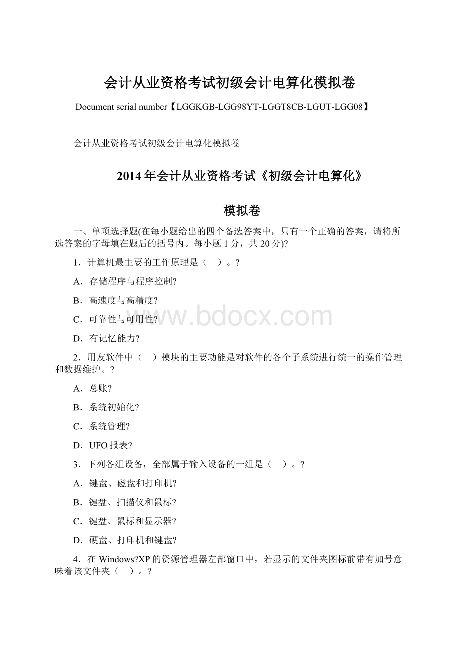 会计从业资格考试初级会计电算化模拟卷.docx_第1页