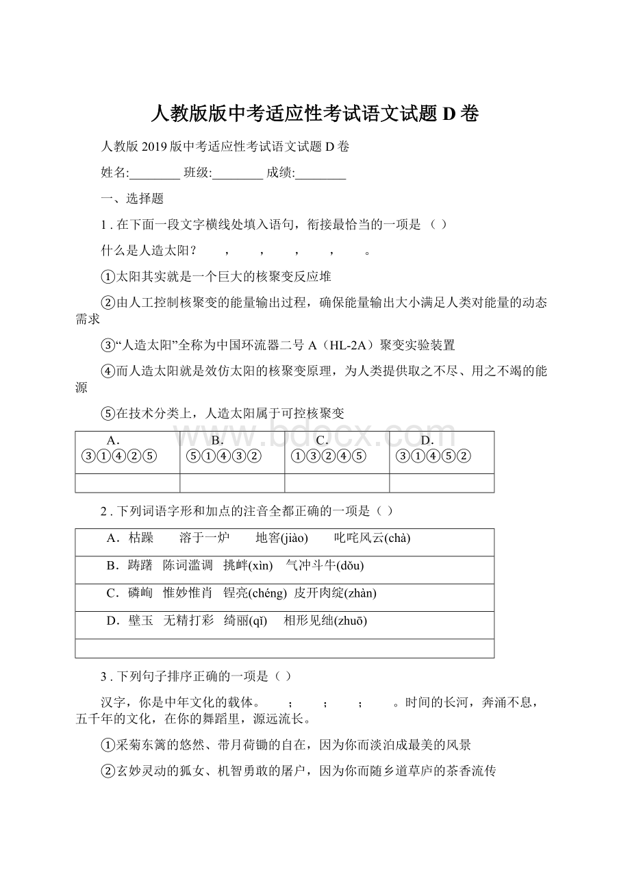 人教版版中考适应性考试语文试题D卷Word文档格式.docx