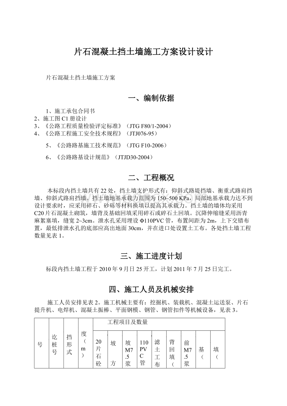 片石混凝土挡土墙施工方案设计设计Word文件下载.docx_第1页