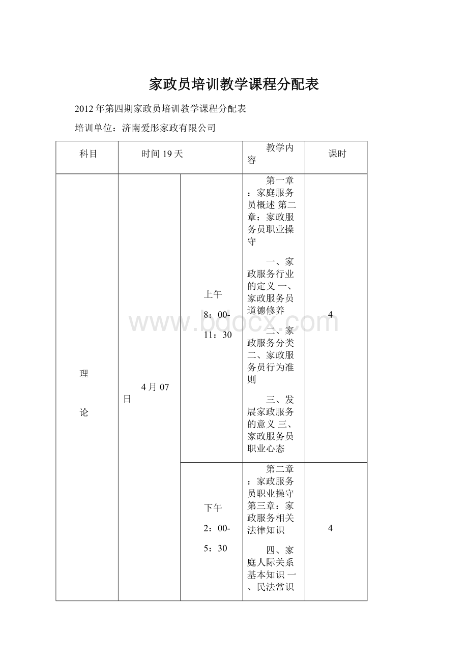 家政员培训教学课程分配表Word格式.docx