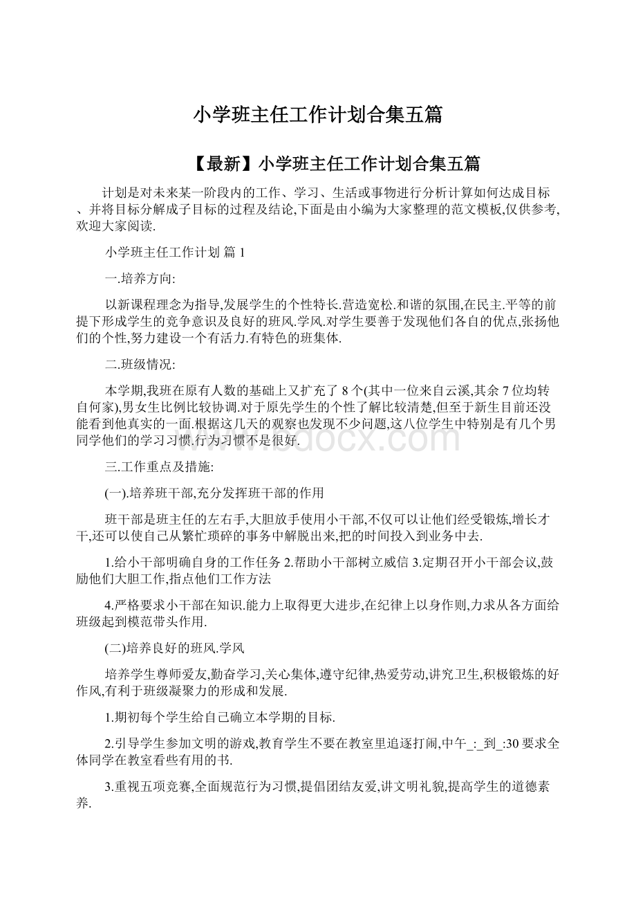 小学班主任工作计划合集五篇.docx