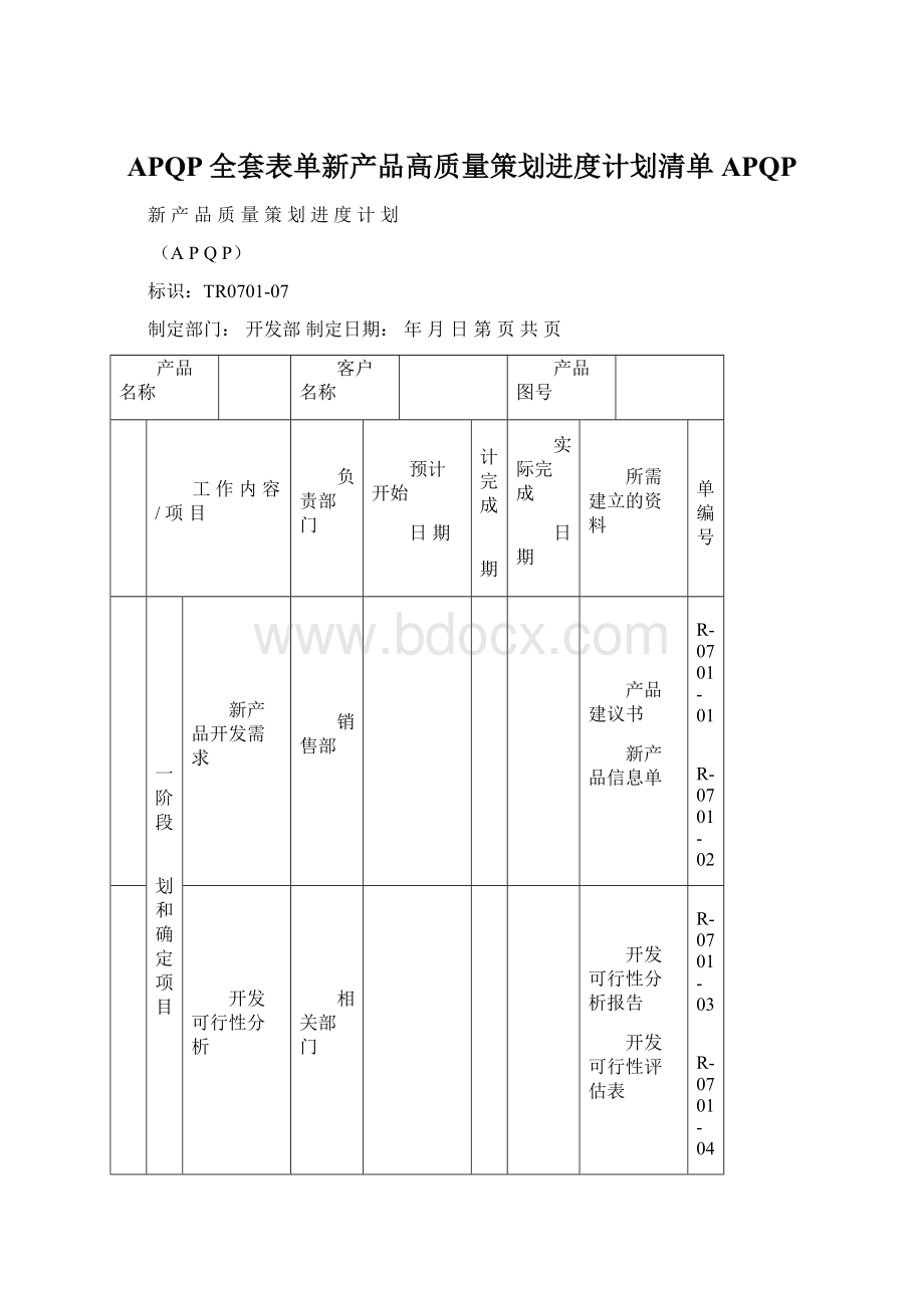 APQP全套表单新产品高质量策划进度计划清单APQP.docx_第1页