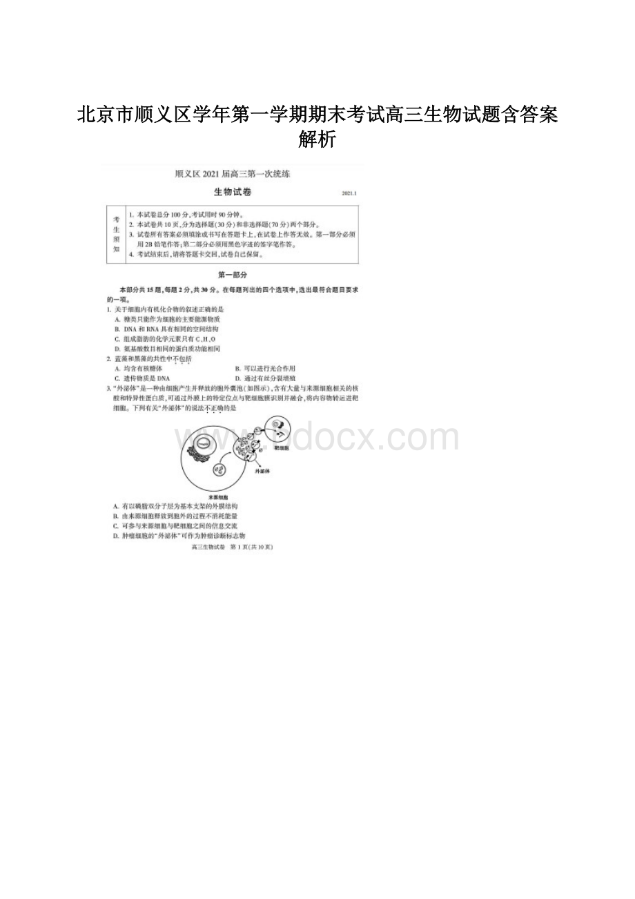 北京市顺义区学年第一学期期末考试高三生物试题含答案解析.docx