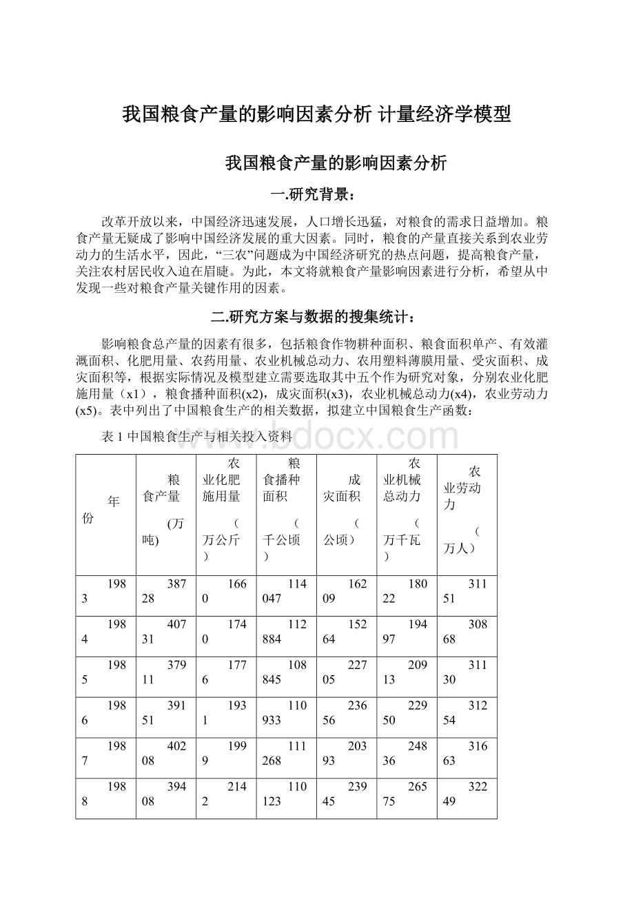 我国粮食产量的影响因素分析计量经济学模型文档格式.docx