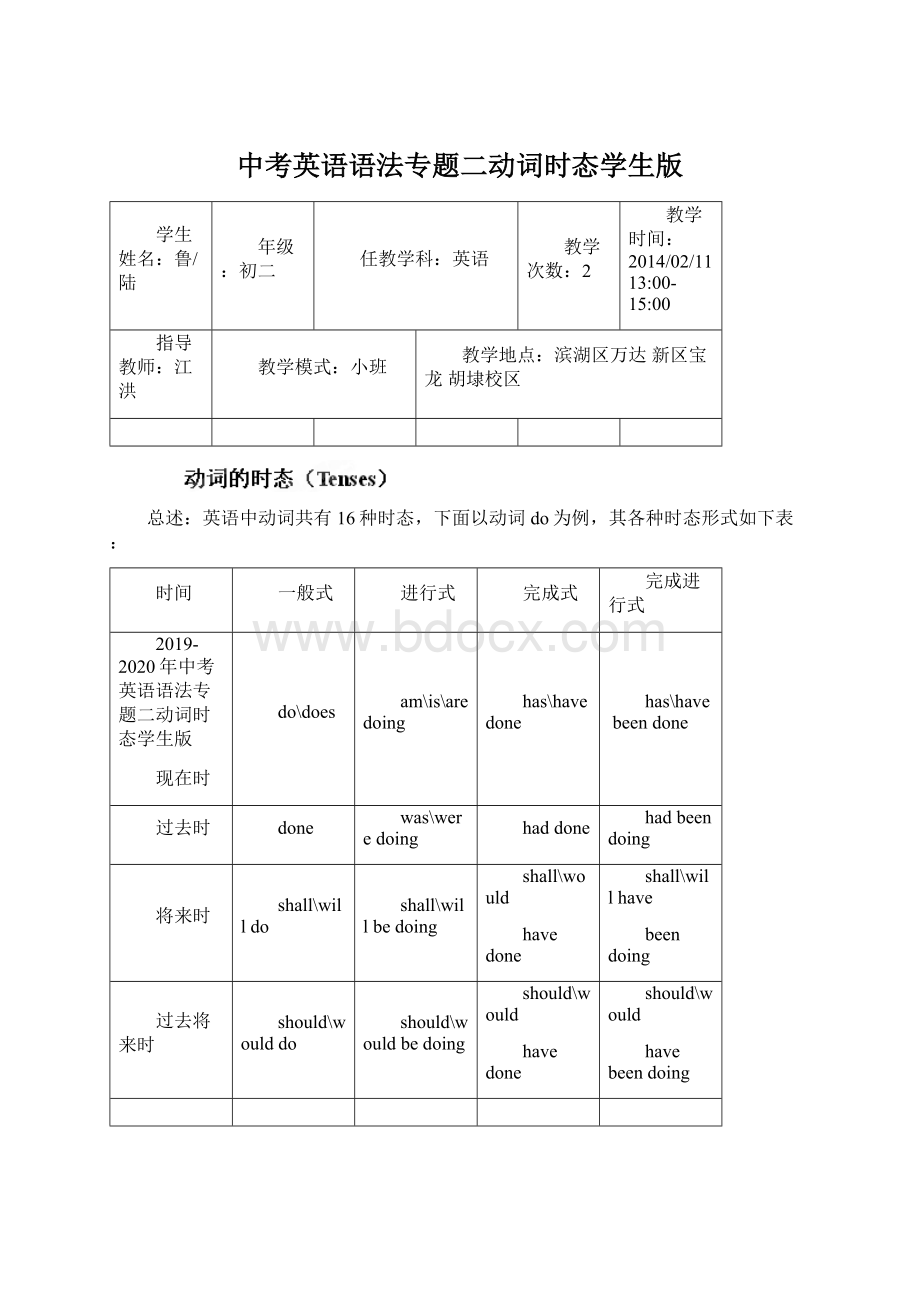 中考英语语法专题二动词时态学生版.docx