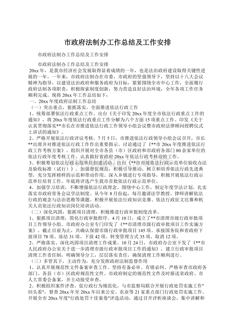 市政府法制办工作总结及工作安排.docx