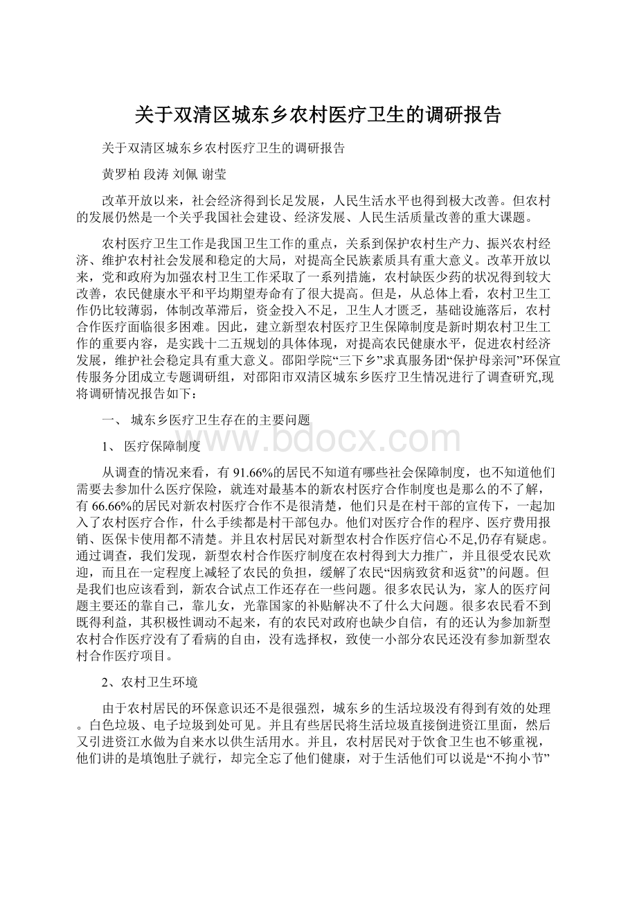 关于双清区城东乡农村医疗卫生的调研报告文档格式.docx_第1页