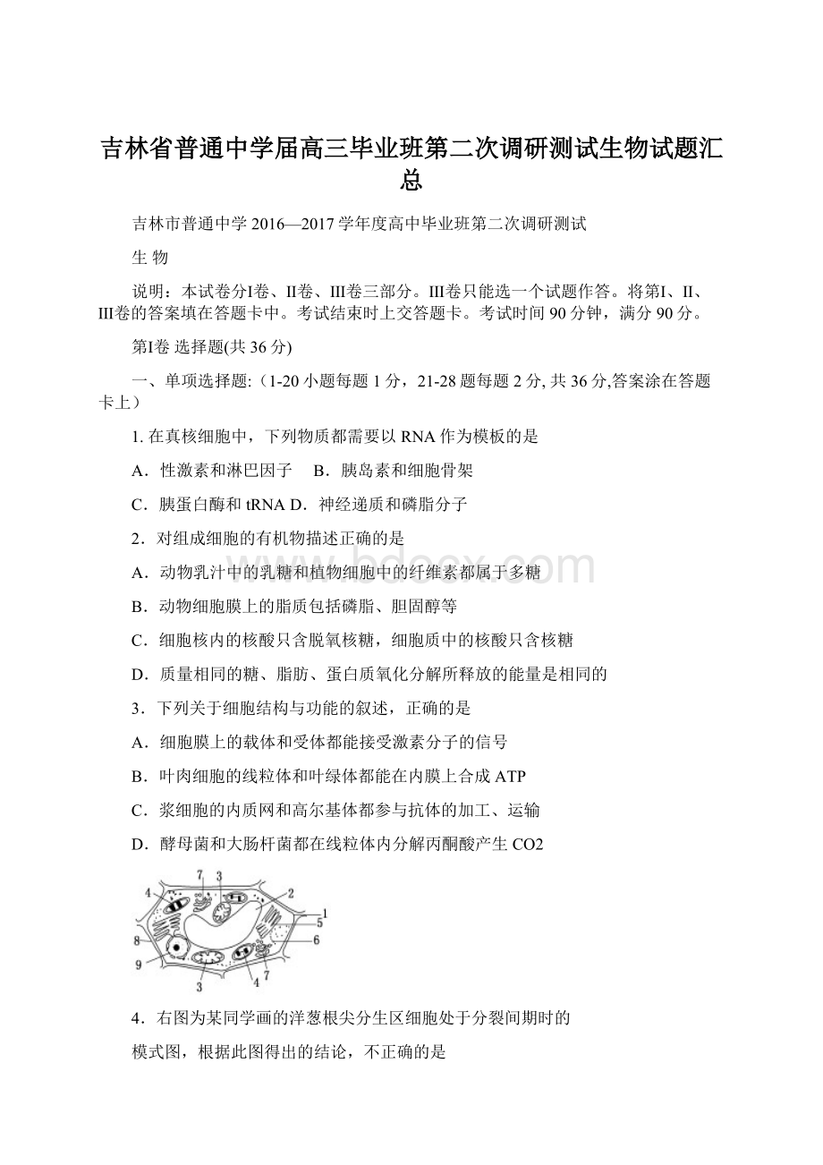 吉林省普通中学届高三毕业班第二次调研测试生物试题汇总Word格式文档下载.docx