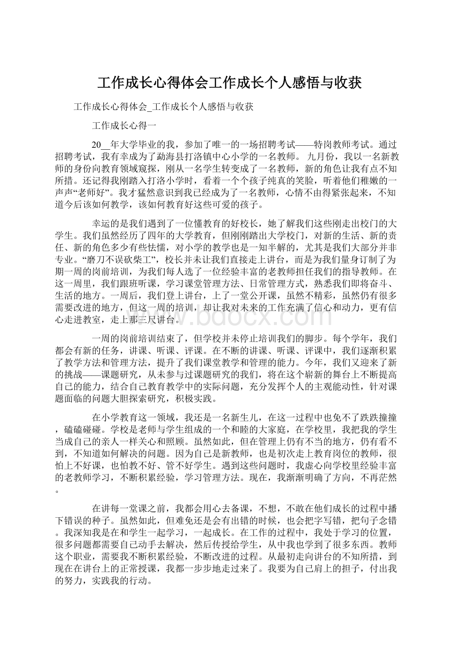 工作成长心得体会工作成长个人感悟与收获Word格式.docx_第1页