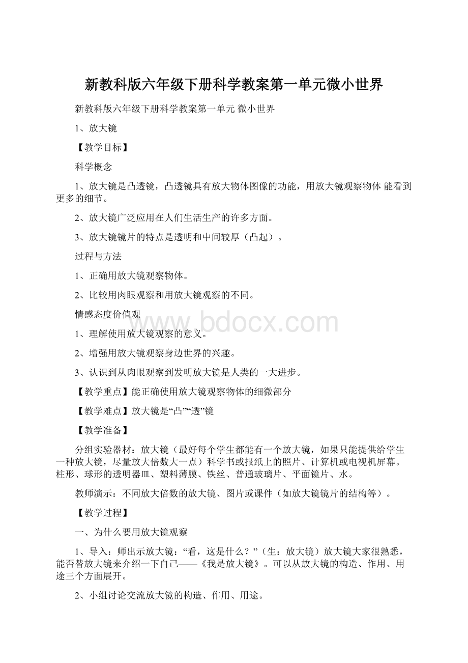 新教科版六年级下册科学教案第一单元微小世界.docx