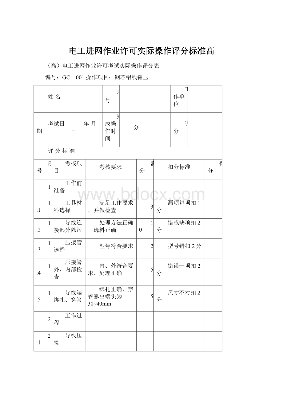 电工进网作业许可实际操作评分标准高文档格式.docx_第1页