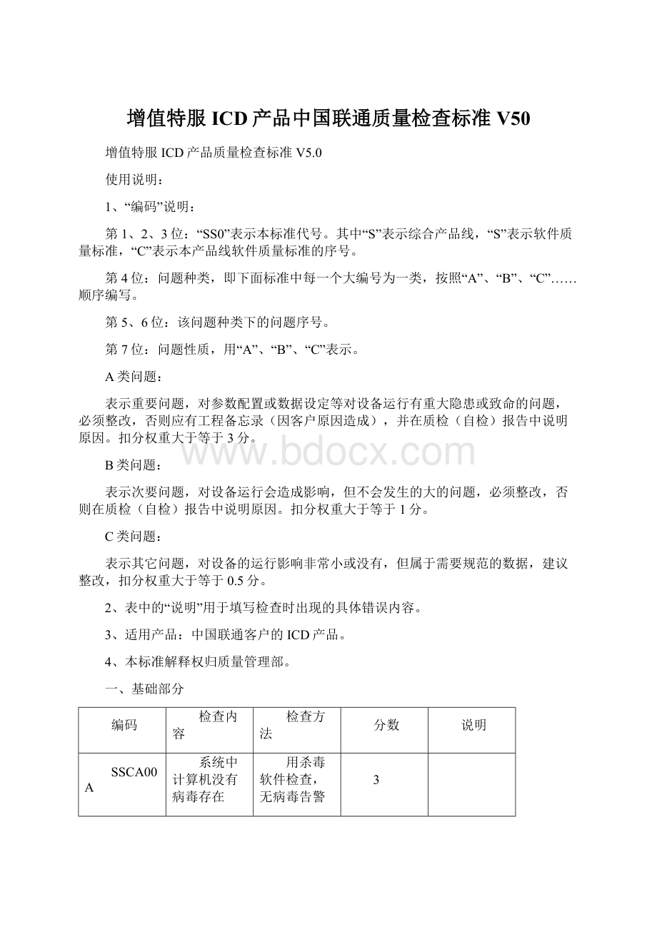 增值特服ICD产品中国联通质量检查标准V50Word文档下载推荐.docx_第1页