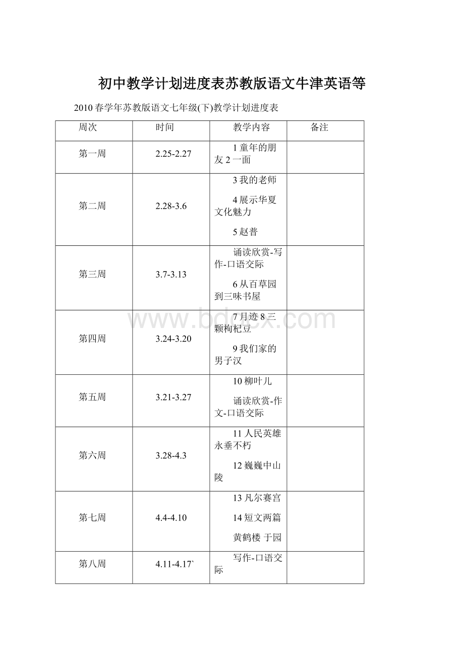 初中教学计划进度表苏教版语文牛津英语等Word格式.docx