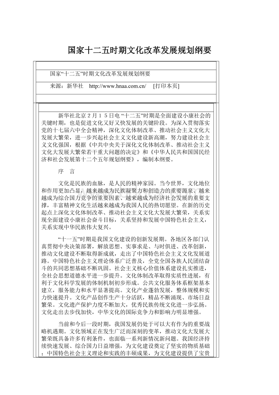 国家十二五时期文化改革发展规划纲要Word格式文档下载.docx