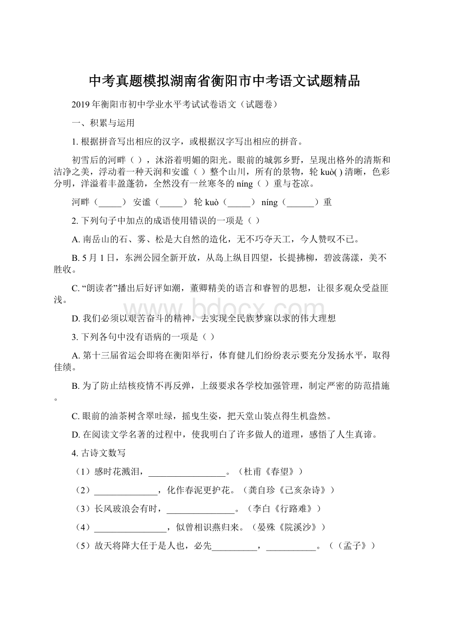 中考真题模拟湖南省衡阳市中考语文试题精品.docx_第1页