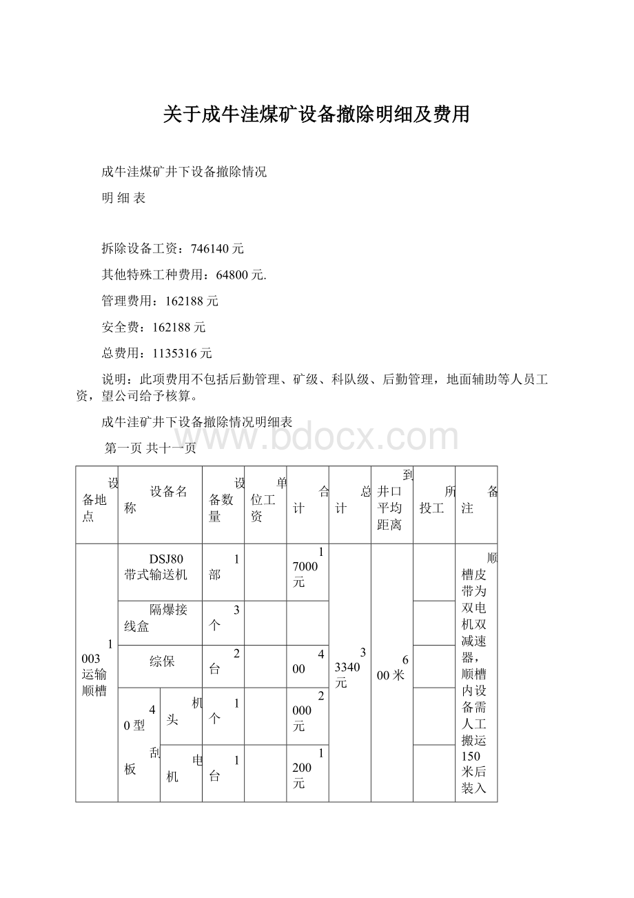 关于成牛洼煤矿设备撤除明细及费用Word格式文档下载.docx