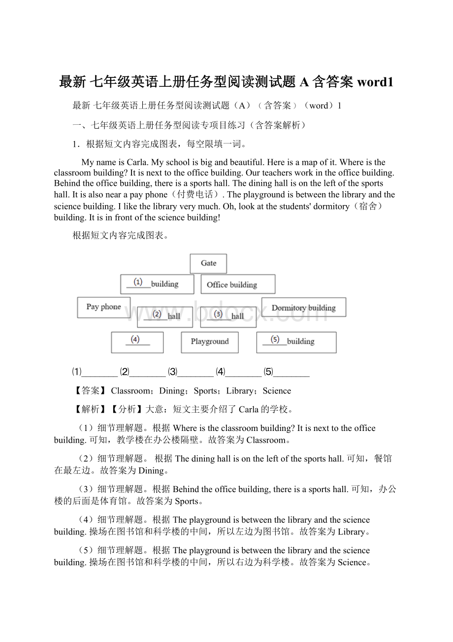 最新 七年级英语上册任务型阅读测试题A含答案word1.docx