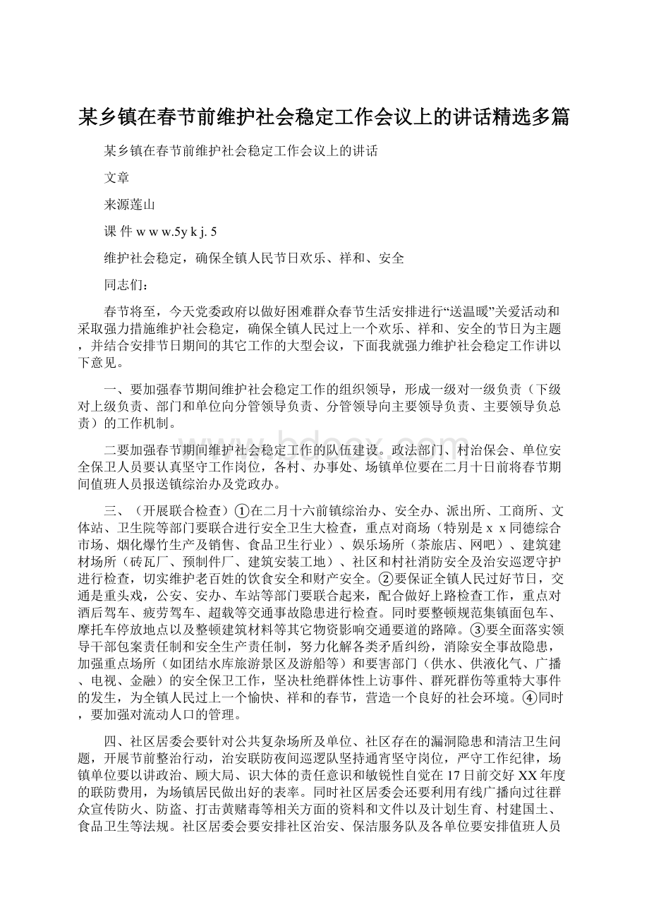 某乡镇在春节前维护社会稳定工作会议上的讲话精选多篇Word格式.docx