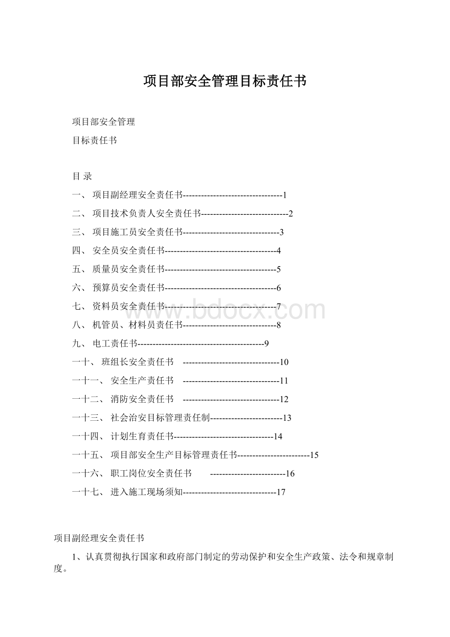 项目部安全管理目标责任书Word格式文档下载.docx