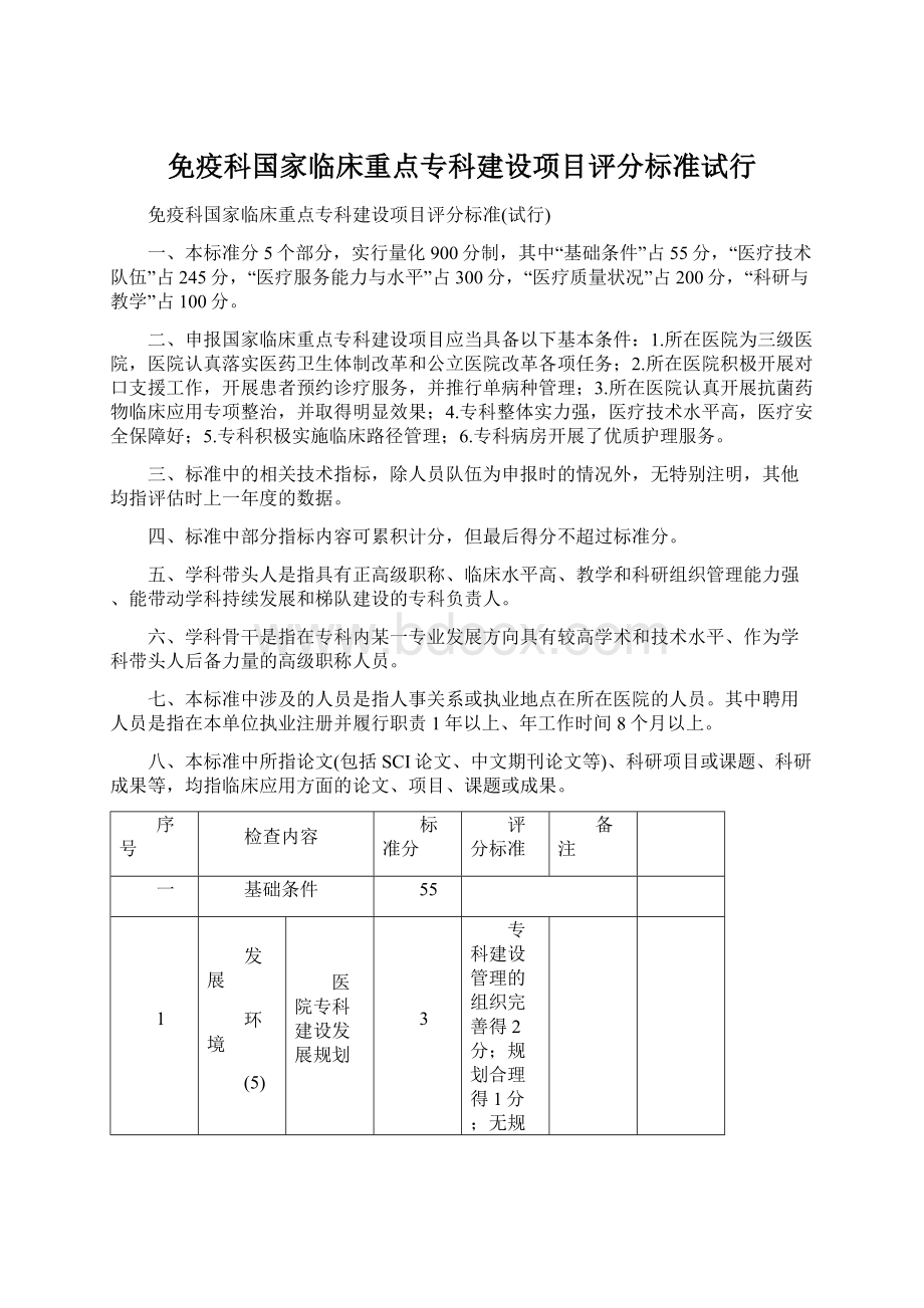 免疫科国家临床重点专科建设项目评分标准试行Word文档下载推荐.docx