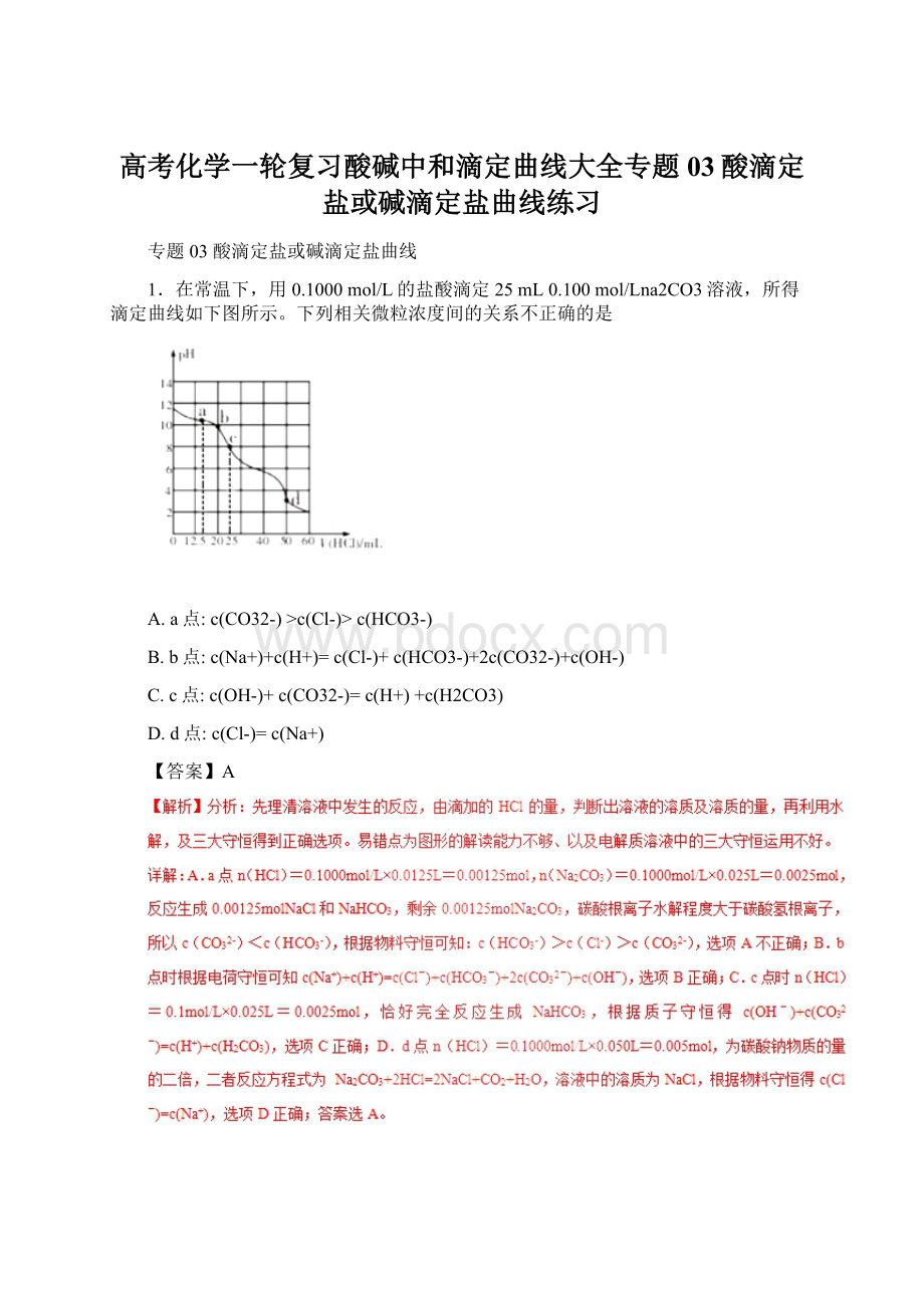 高考化学一轮复习酸碱中和滴定曲线大全专题03酸滴定盐或碱滴定盐曲线练习.docx