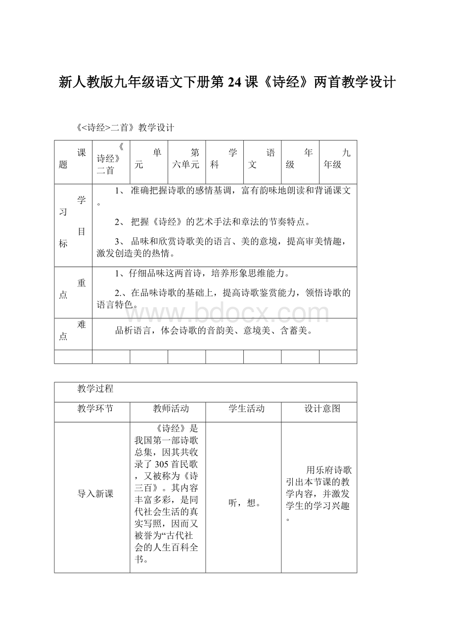 新人教版九年级语文下册第24课《诗经》两首教学设计Word格式文档下载.docx