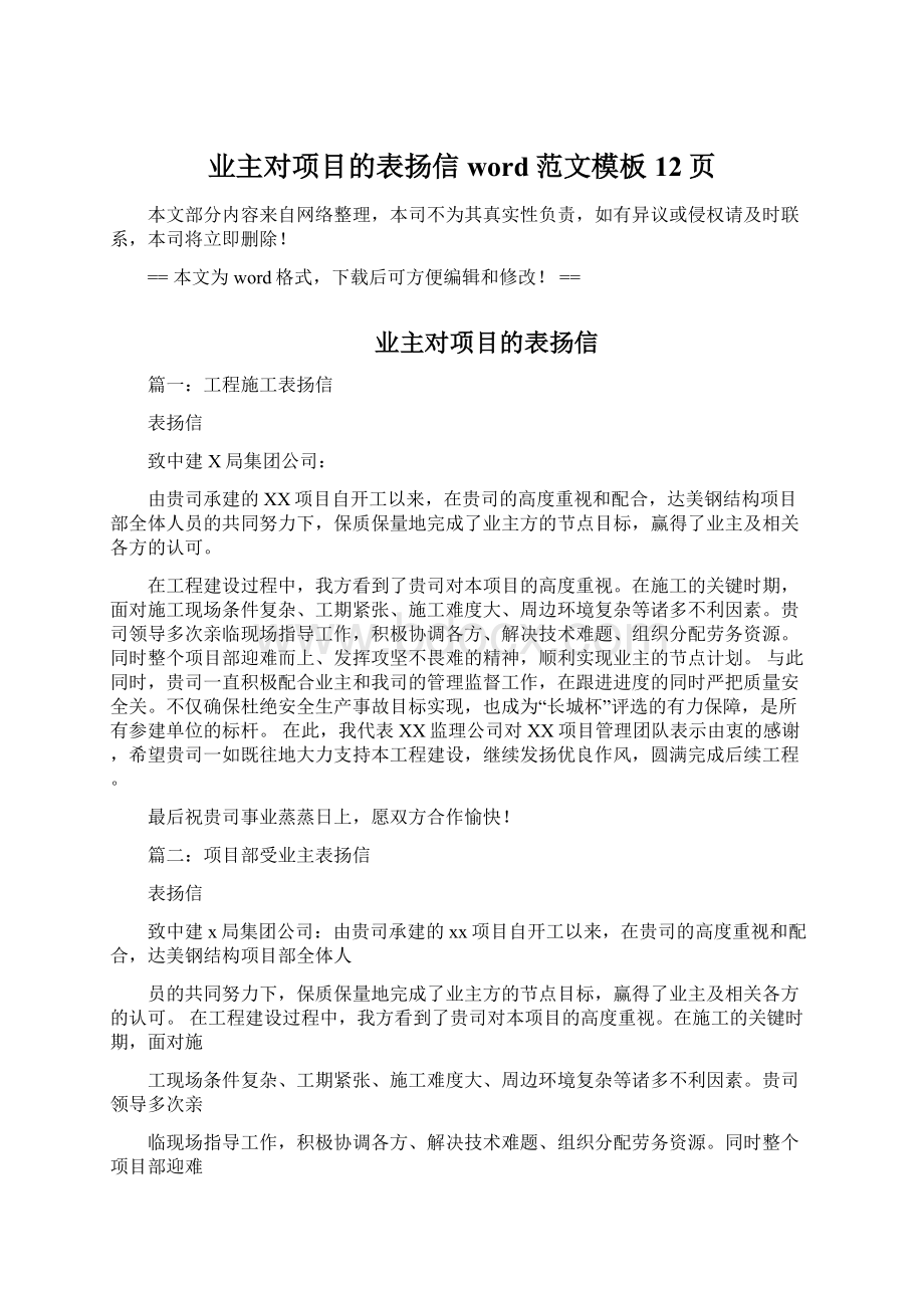 业主对项目的表扬信word范文模板 12页文档格式.docx