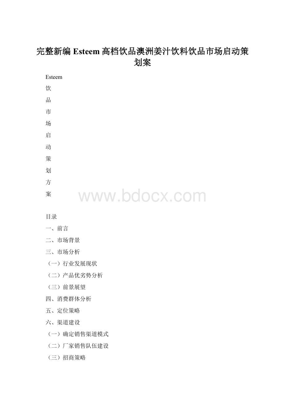 完整新编Esteem高档饮品澳洲姜汁饮料饮品市场启动策划案Word文档格式.docx