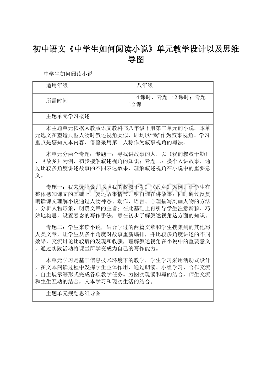 初中语文《中学生如何阅读小说》单元教学设计以及思维导图Word格式.docx