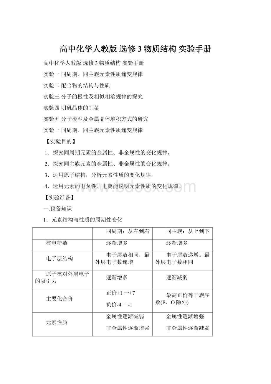 高中化学人教版 选修3物质结构 实验手册Word文档格式.docx_第1页