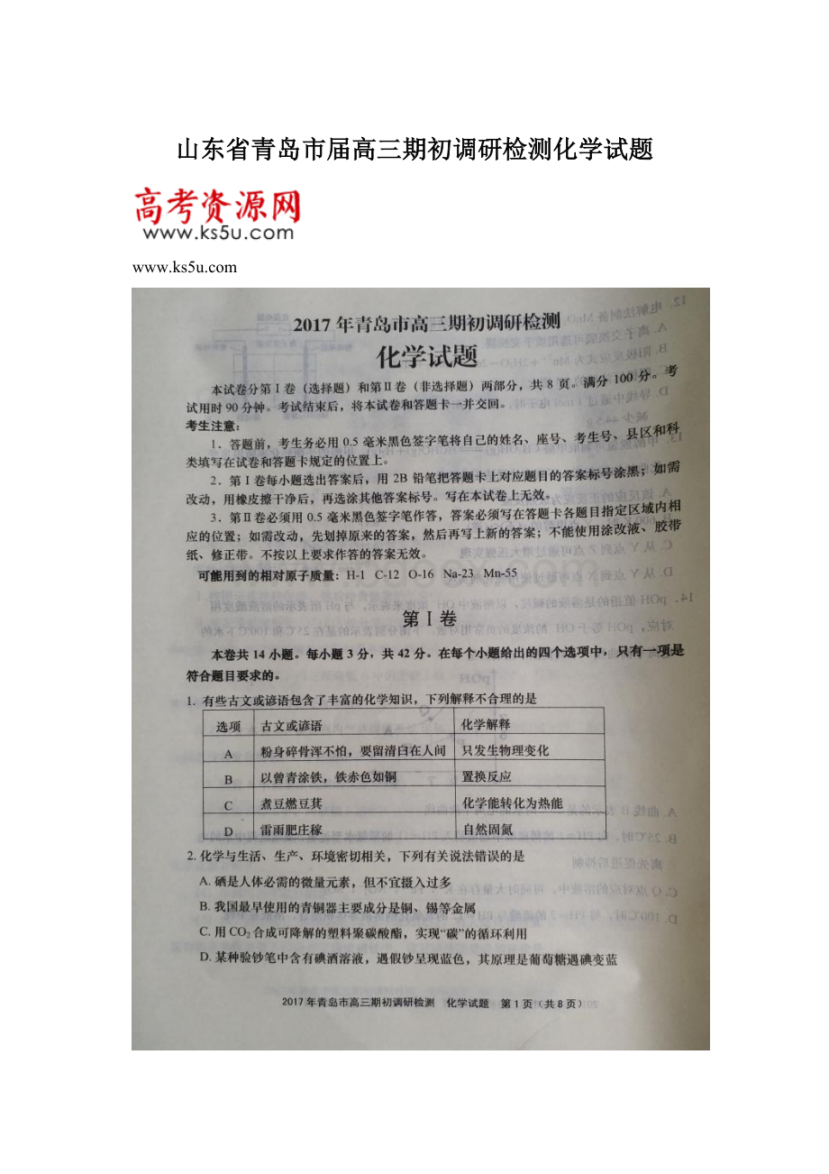 山东省青岛市届高三期初调研检测化学试题.docx