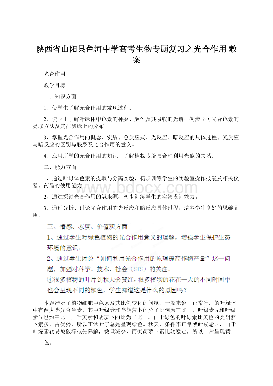 陕西省山阳县色河中学高考生物专题复习之光合作用 教案.docx