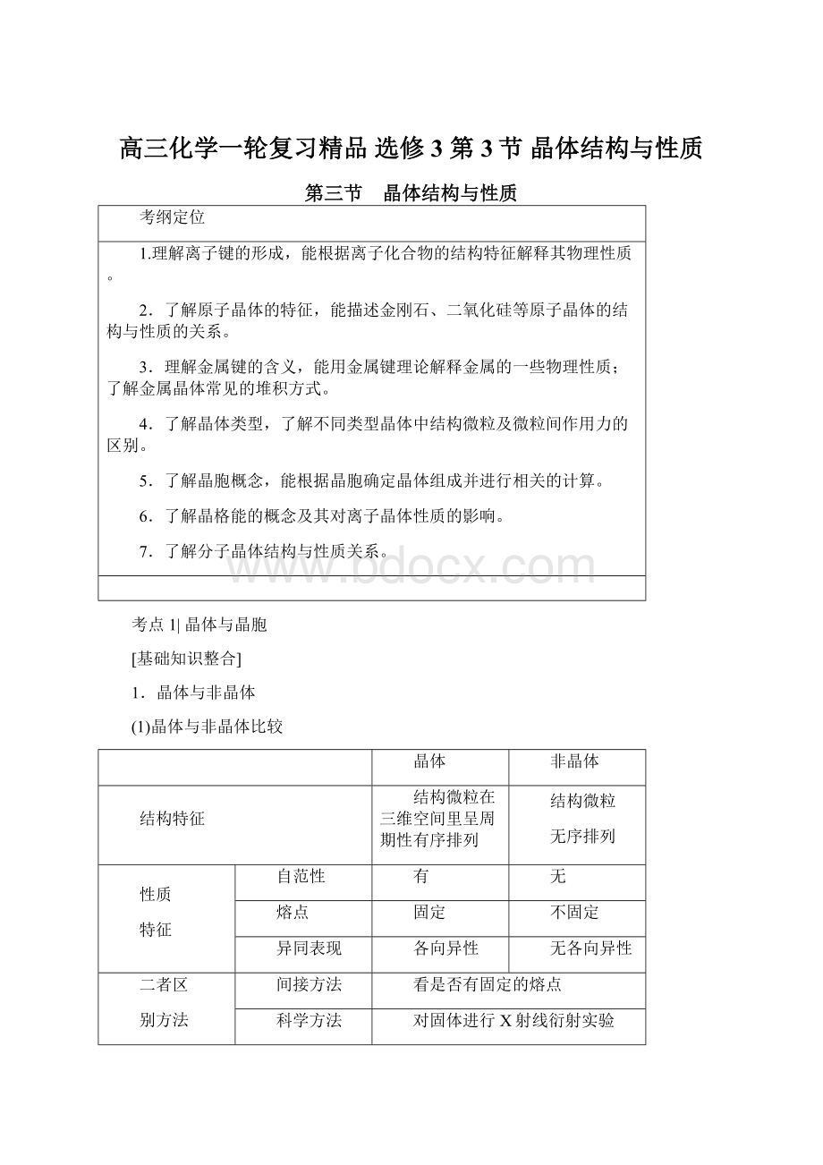 高三化学一轮复习精品 选修3 第3节晶体结构与性质Word文档格式.docx