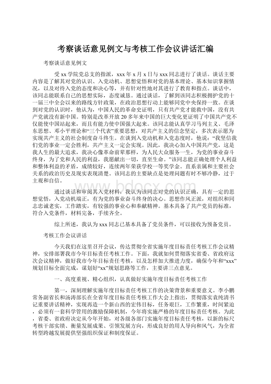 考察谈话意见例文与考核工作会议讲话汇编.docx_第1页