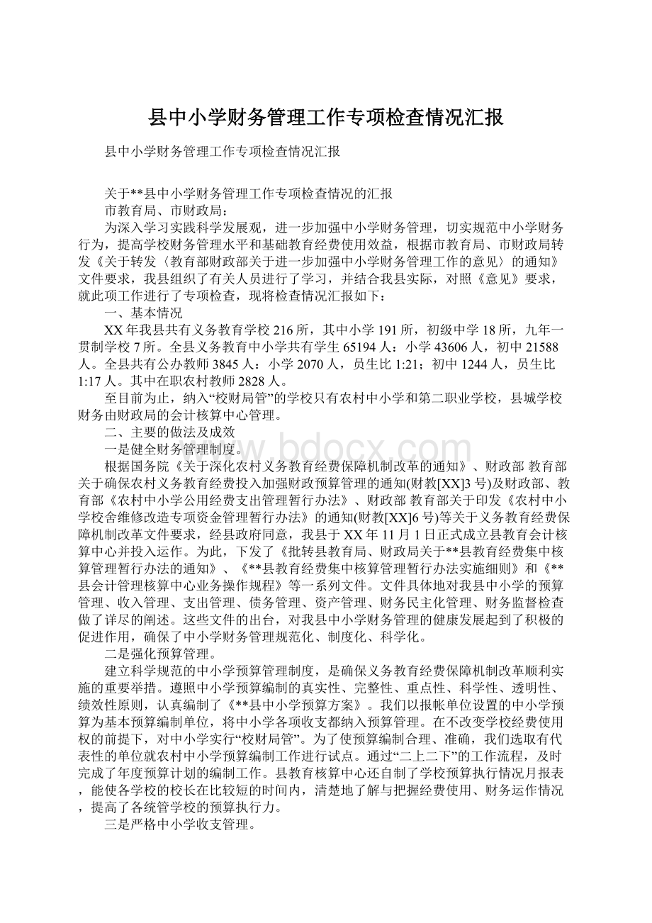 县中小学财务管理工作专项检查情况汇报.docx_第1页