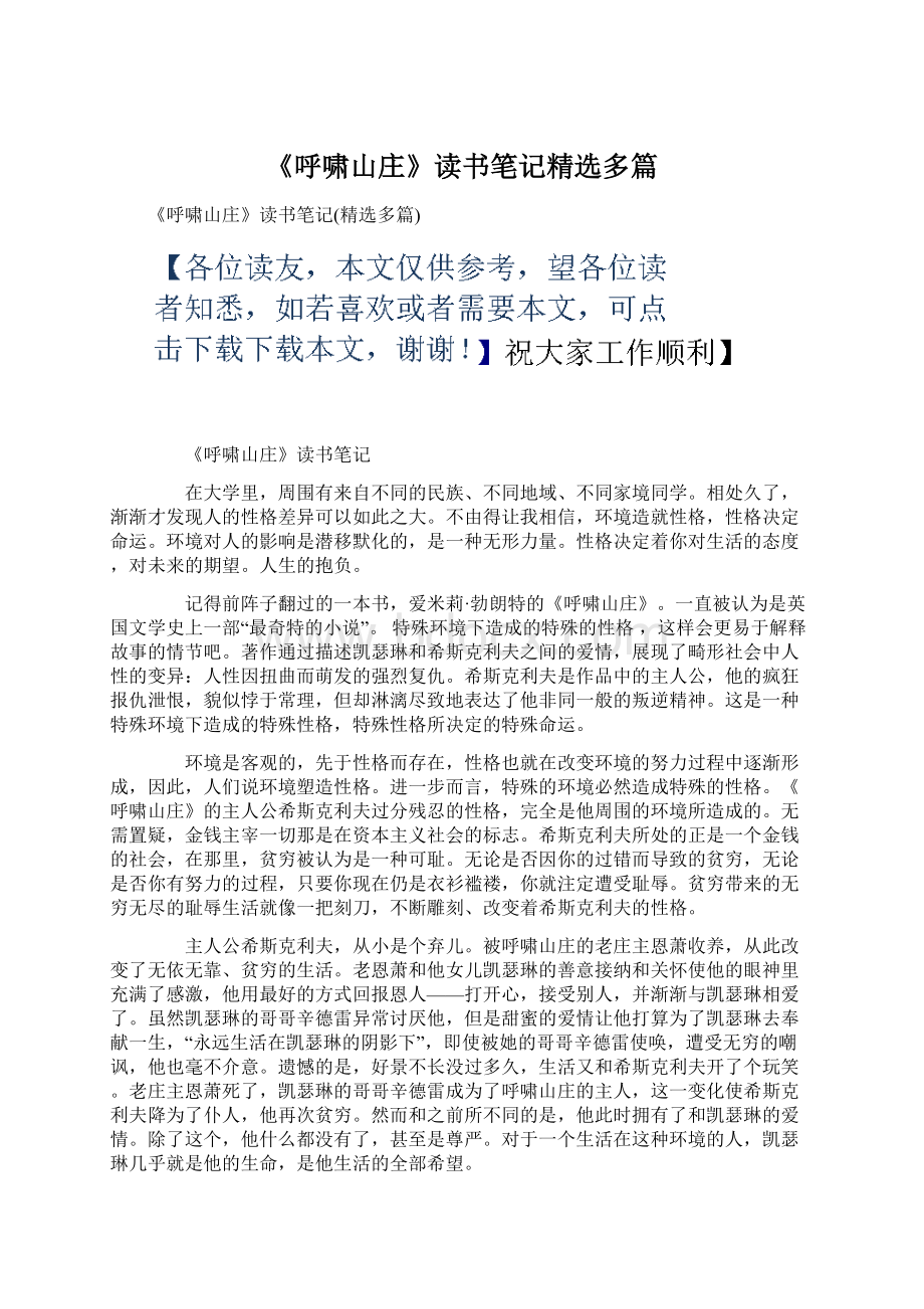 《呼啸山庄》读书笔记精选多篇Word下载.docx_第1页