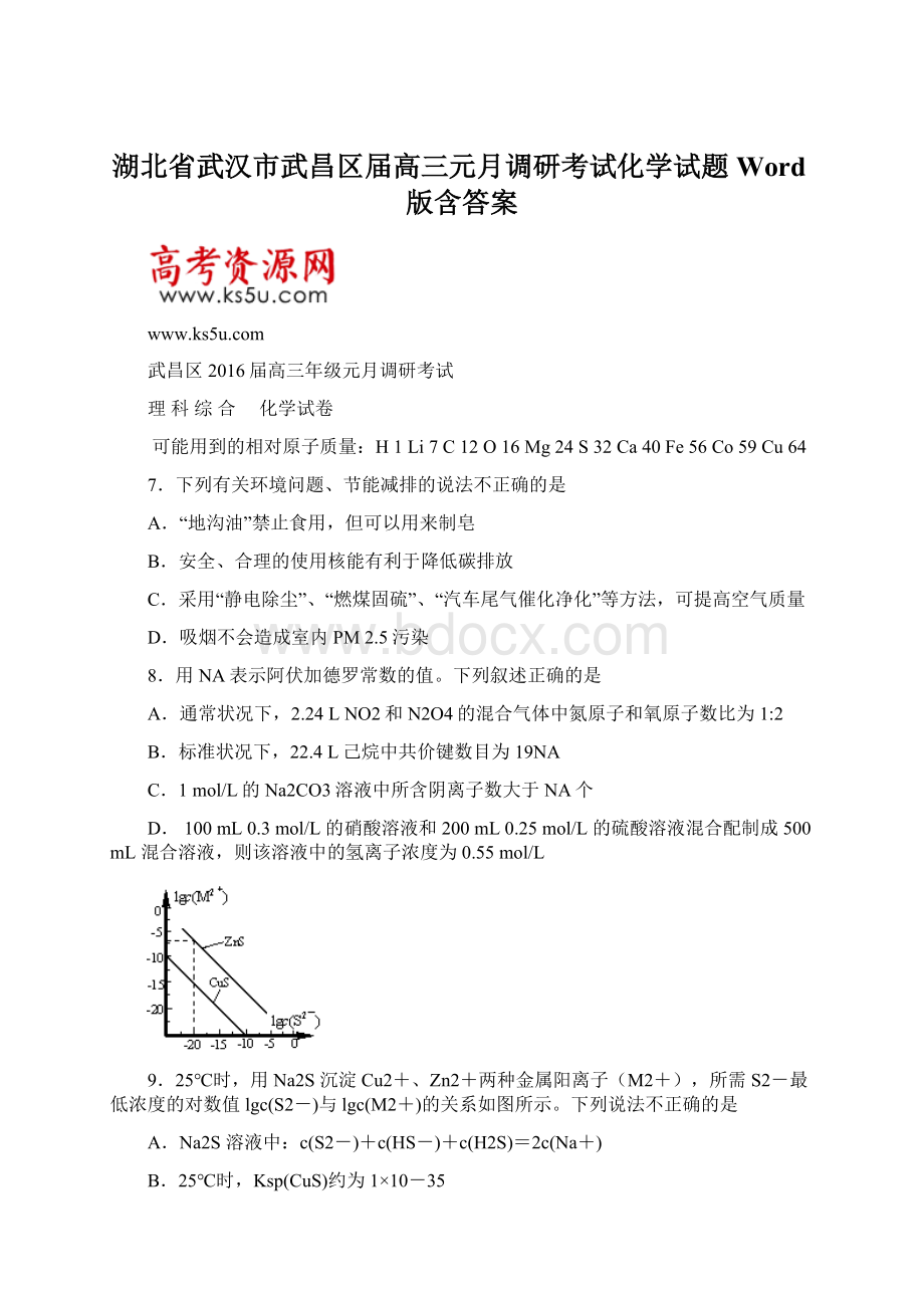 湖北省武汉市武昌区届高三元月调研考试化学试题 Word版含答案.docx_第1页