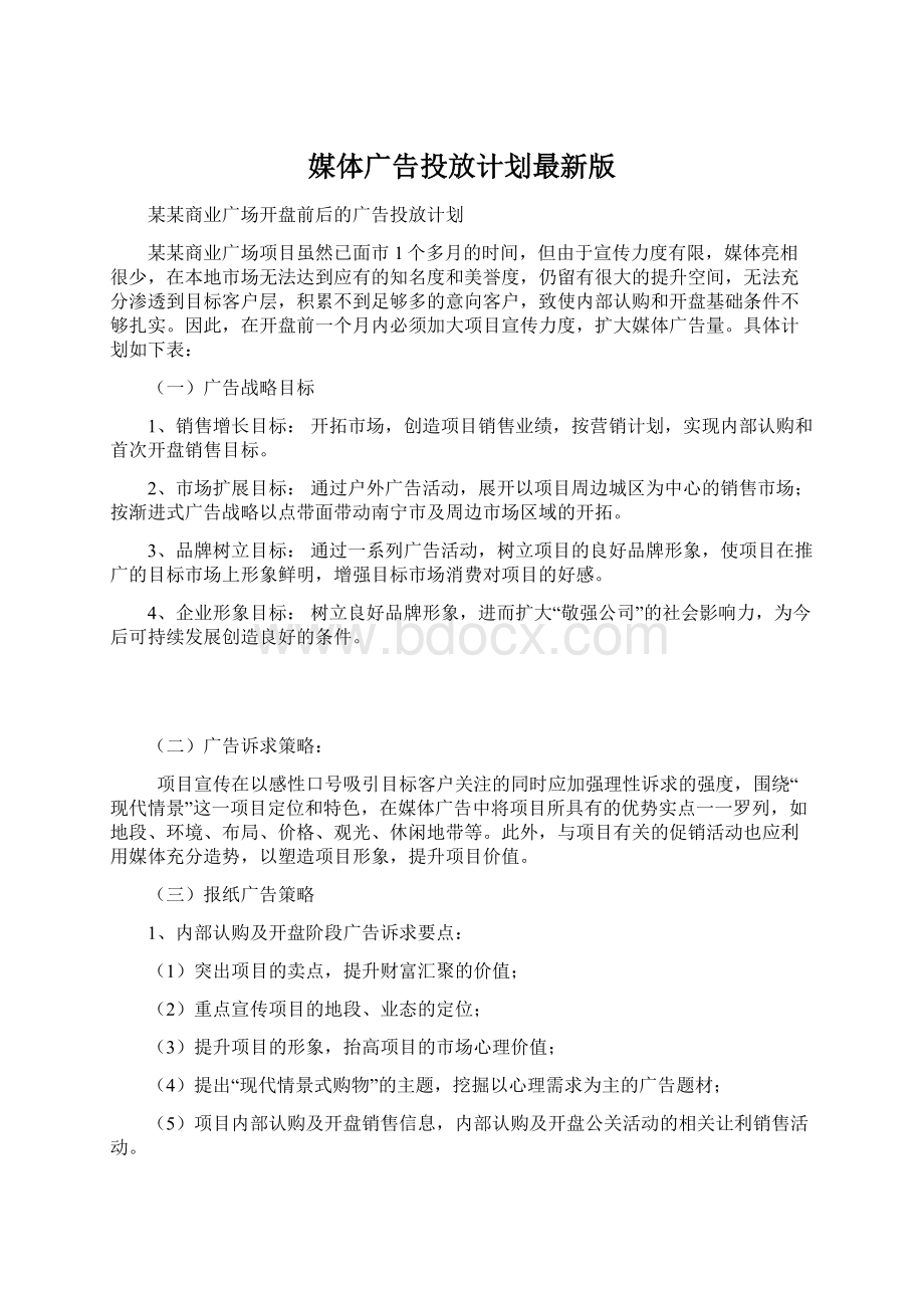 媒体广告投放计划最新版Word格式.docx