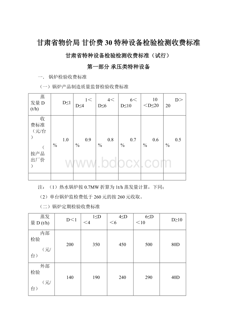 甘肃省物价局 甘价费30 特种设备检验检测收费标准Word格式.docx